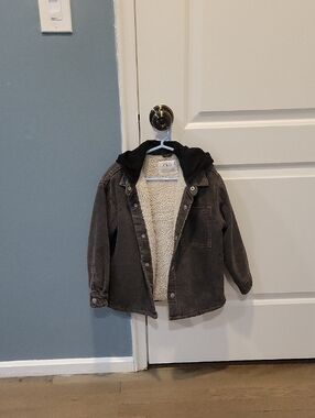 Zara Kids Black Denim Jacket with Sherpa Lining and Hood
